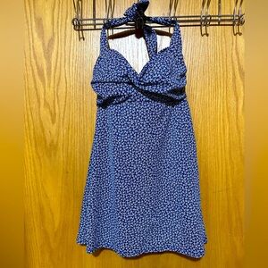 NWT Simply Slim Swimdress - Slimming, Navy Floral pattern, halter straps. Sz Med